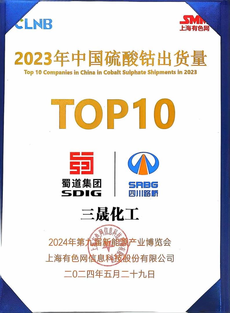 TOP10！礦業(yè)集團(tuán)浙江三晟公司榮登SMM中國硫酸鈷出貨量榜單